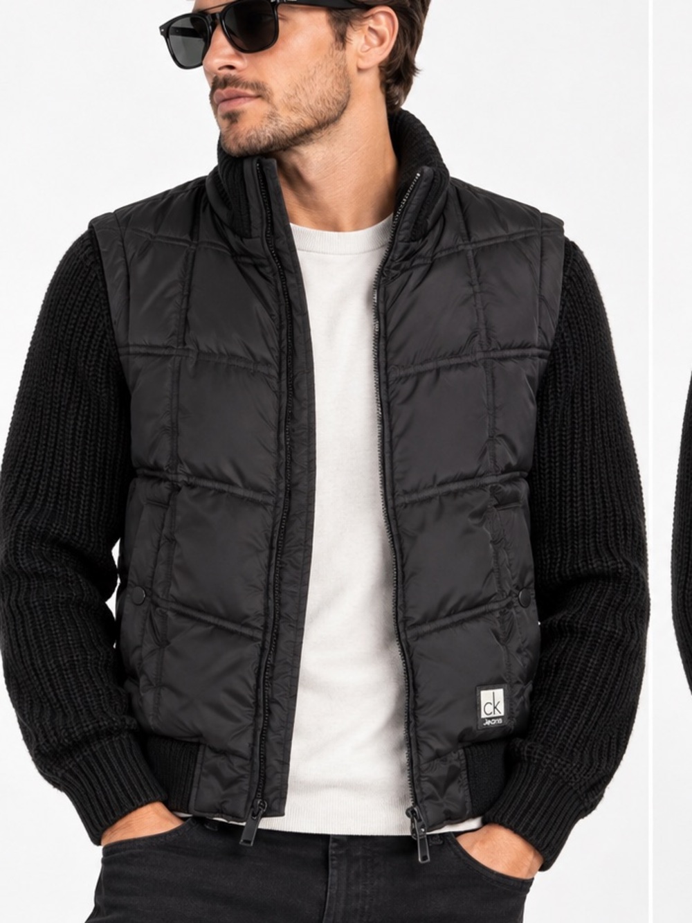 Calvin Klein Jeans Black Mixed Media Puffer Knit Sleeve Jacket Bomber